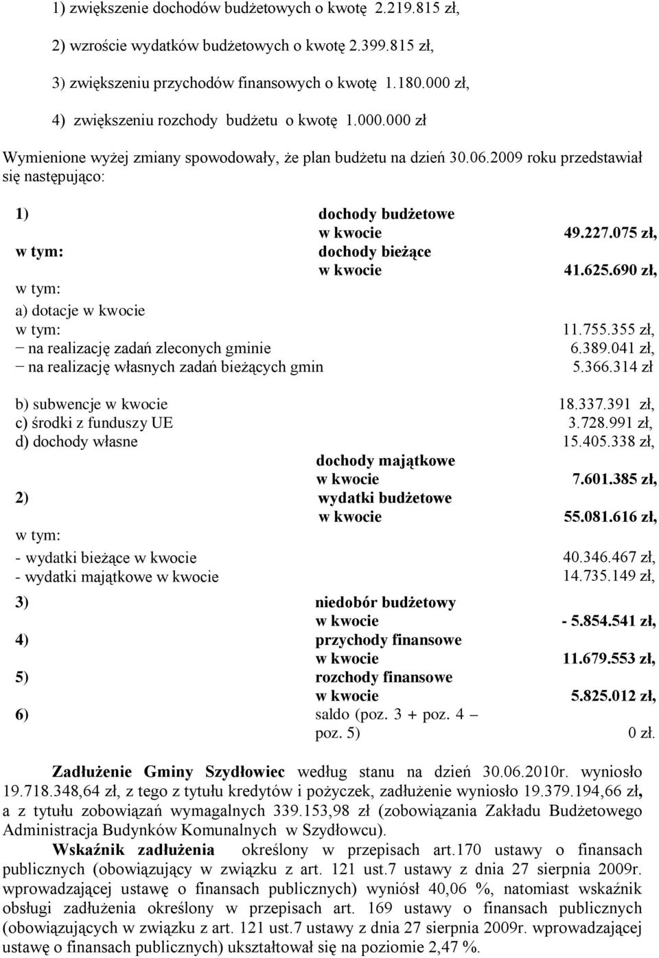 2009 roku przedstawiał się następująco: 1) dochody budżetowe w kwocie w tym: dochody bieżące w kwocie w tym: a) dotacje w kwocie w tym: na realizację zadań zleconych gminie na realizację własnych