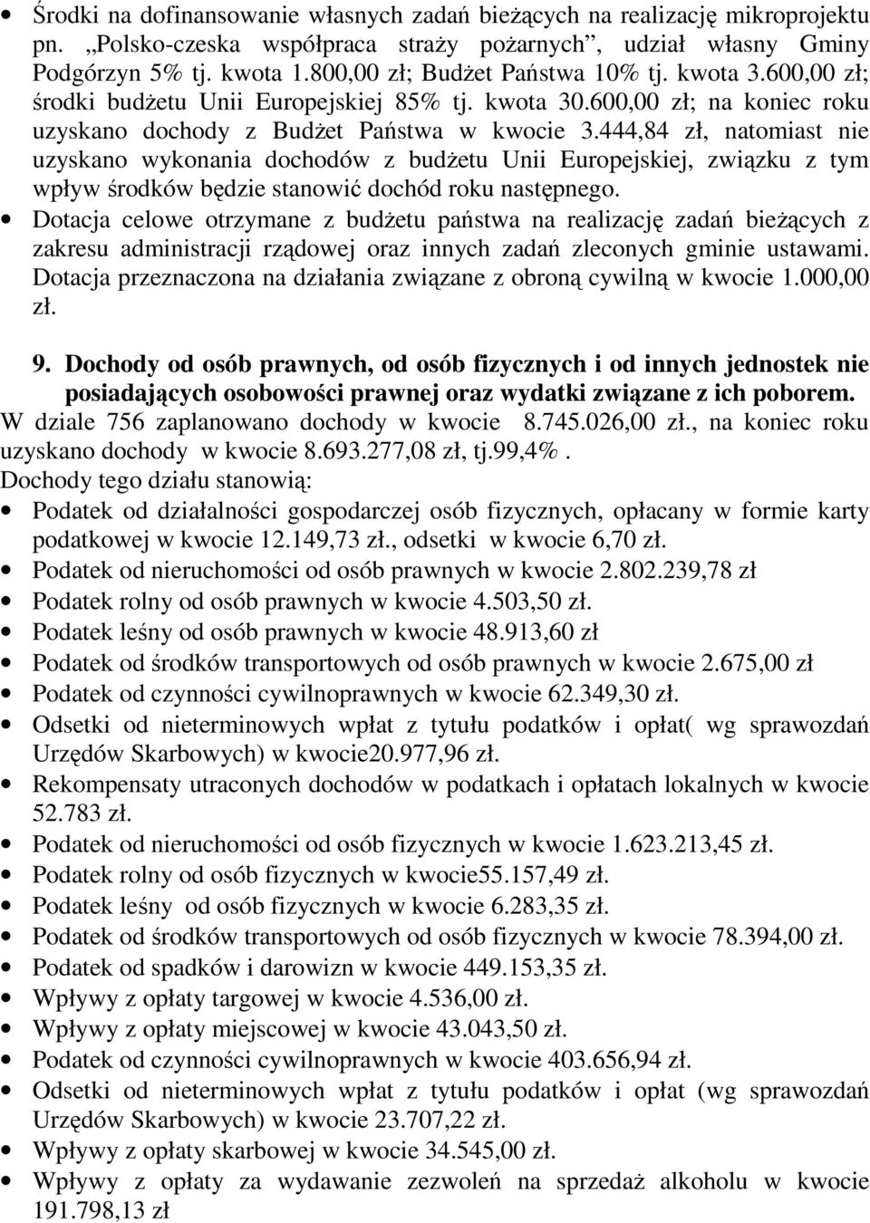 444,84 zł, natomiast nie uzyskano wykonania dochodów z budżetu Unii Europejskiej, związku z tym wpływ środków będzie stanowić dochód roku następnego.