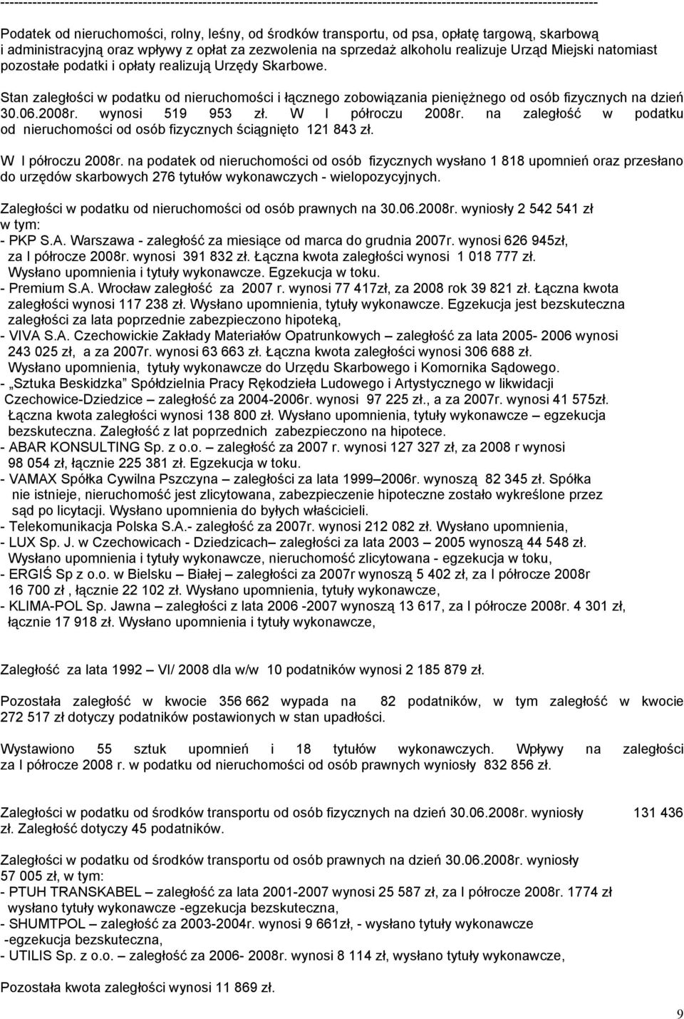 Stan zaległości w podatku od nieruchomości i łącznego zobowiązania pieniężnego od osób fizycznych na dzień 30.06.2008r. wynosi 519 953 zł. W I półroczu 2008r.