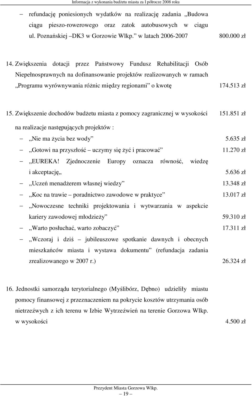 Zwiększenie dochodów budżetu miasta z pomocy zagranicznej w wysokości 151.851 zł na realizacje następujących projektów : Nie ma życia bez wody Gotowi na przyszłość uczymy się żyć i pracować EUREKA!