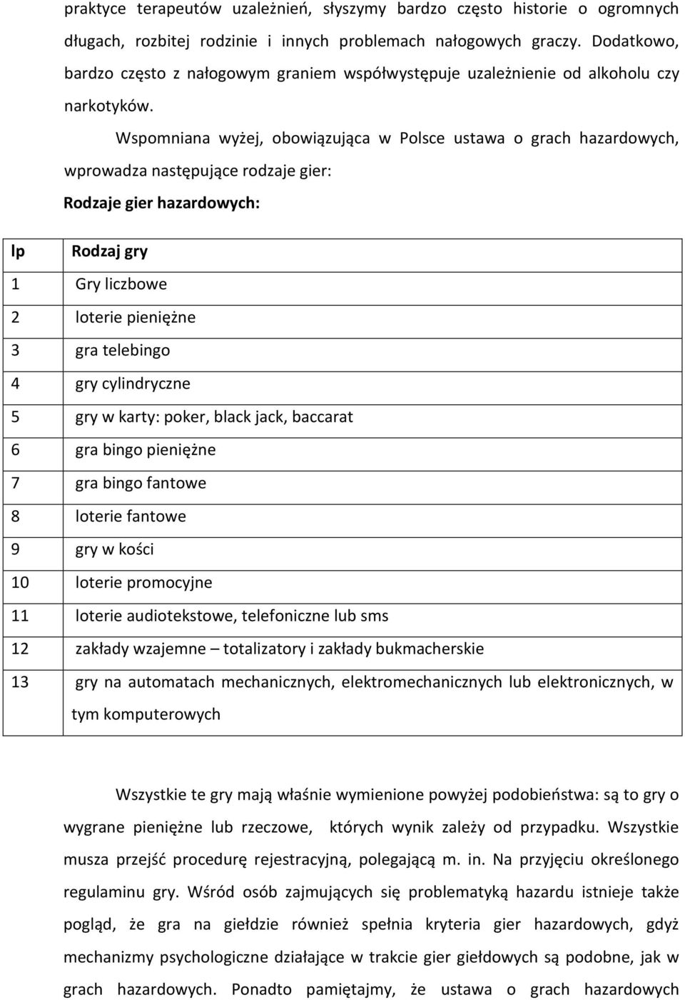 Wspomniana wyżej, obowiązująca w Polsce ustawa o grach hazardowych, wprowadza następujące rodzaje gier: Rodzaje gier hazardowych: lp Rodzaj gry 1 Gry liczbowe 2 loterie pieniężne 3 gra telebingo 4