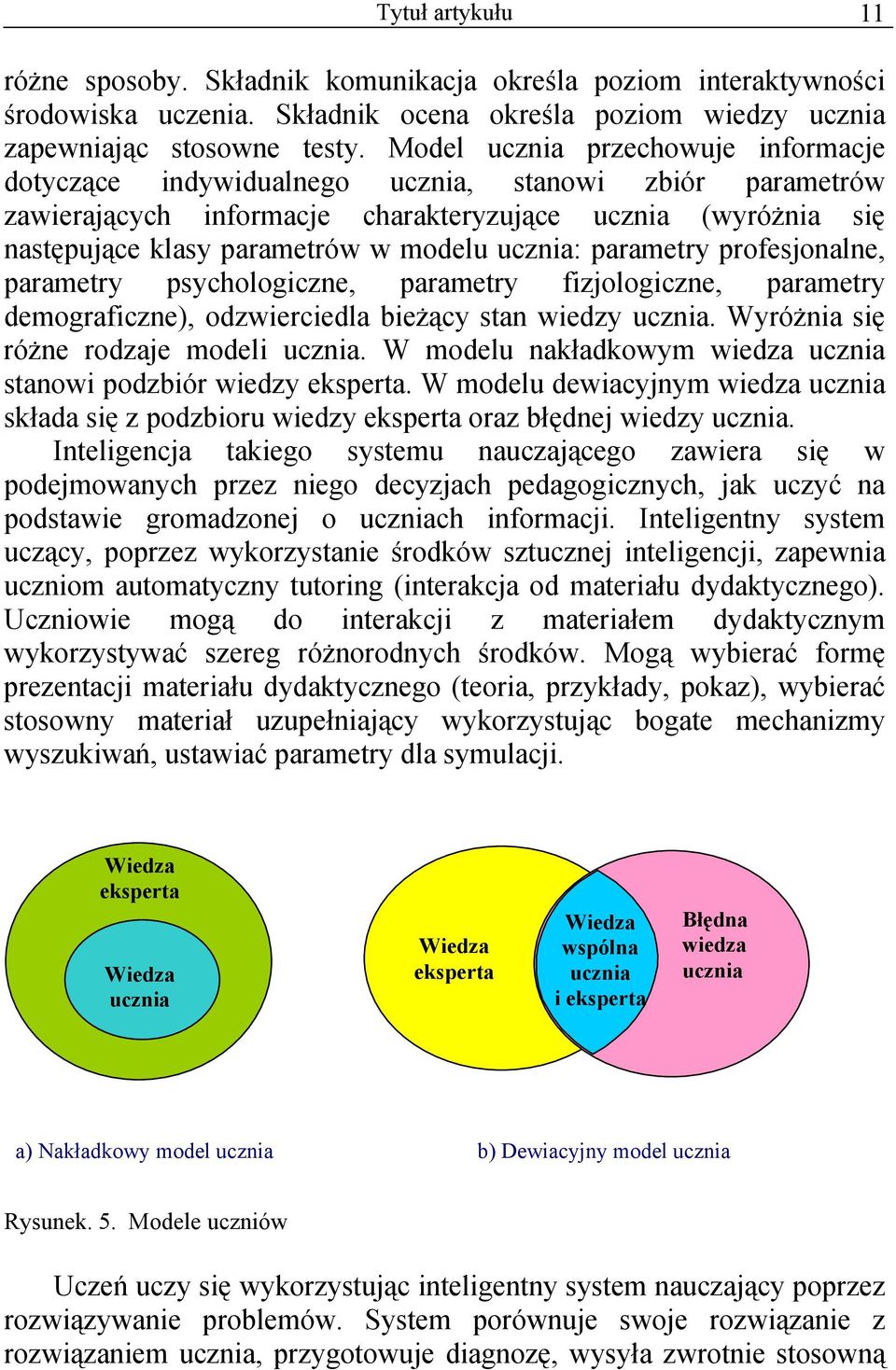 ucznia: parametry profesjonalne, parametry psychologiczne, parametry fizjologiczne, parametry demograficzne), odzwierciedla bieżący stan wiedzy ucznia. Wyróżnia się różne rodzaje modeli ucznia.