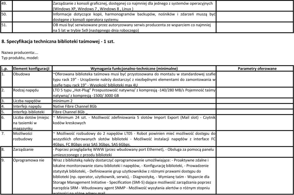 OB musi być serwisowane przez autoryzowany serwis producenta ze wsparciem co najmniej na 5 lat w trybie 5x9 (następnego dnia roboczego) 8. Specyfikacja techniczna biblioteki taśmowej - 1 szt.