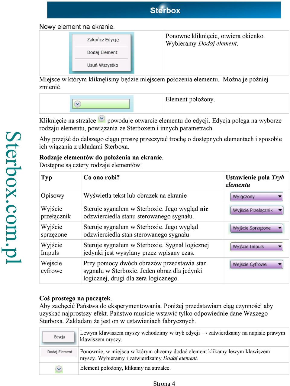 Aby przejść do dalszego ciągu proszę przeczytać trochę o dostępnych elementach i sposobie ich wiązania z układami Sterboxa. Rodzaje elementów do położenia na ekranie.