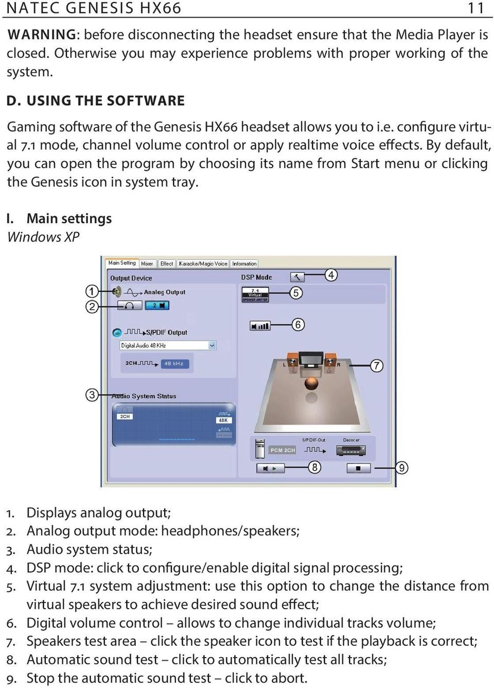 By default, you can open the program by choosing its name from Start menu or clicking the Genesis icon in system tray. I. Main settings Windows XP 1. Displays analog output; 2.