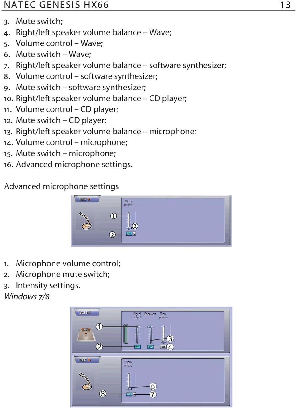 Right/left speaker volume balance CD player; 11. Volume control CD player; 12. Mute switch CD player; 13. Right/left speaker volume balance microphone; 14.
