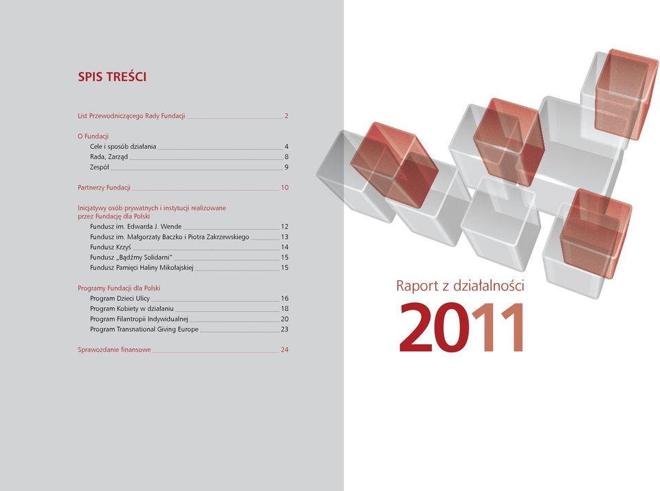Małgorzaty Baczko i Piotra Zakrzewskiego 13 Fundusz Krzyś 14 Fundusz Bądźmy Solidarni 15 Fundusz Pamięci Haliny Mikołajskiej 15 Raport z