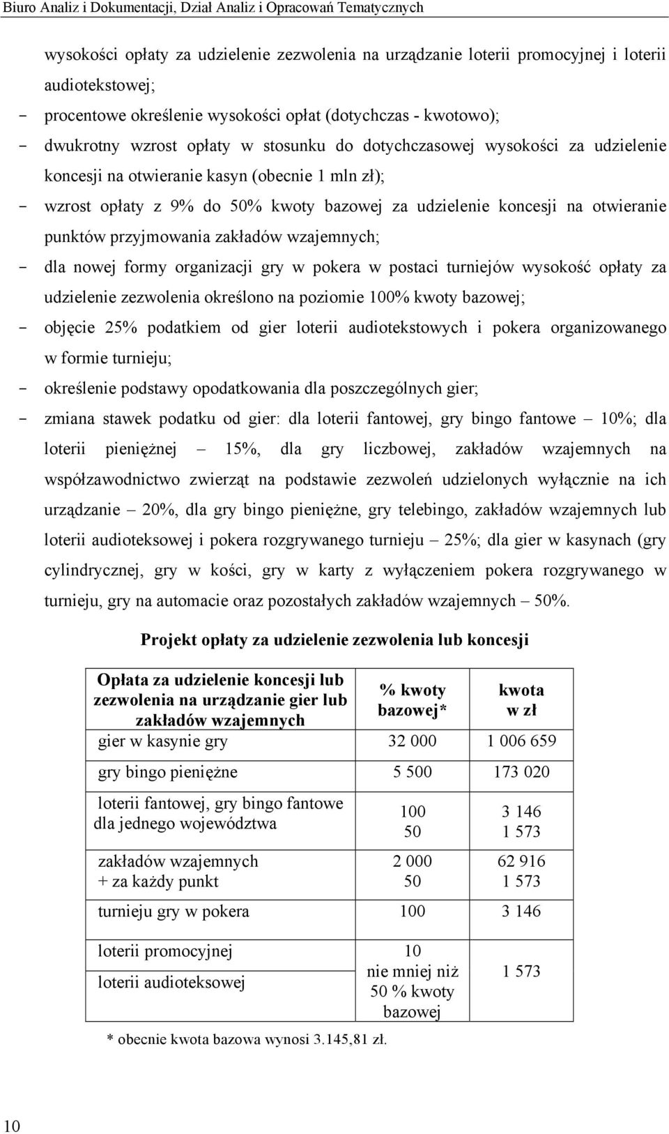 bazowej za udzielenie koncesji na otwieranie punktów przyjmowania zakładów wzajemnych; dla nowej formy organizacji gry w pokera w postaci turniejów wysokość opłaty za udzielenie zezwolenia określono