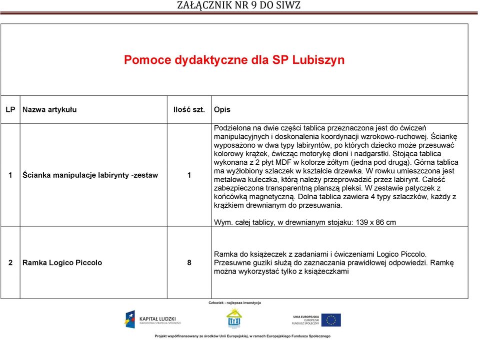 Ściankę wyposażono w dwa typy labiryntów, po których dziecko może przesuwać kolorowy krążek, ćwicząc motorykę dłoni i nadgarstki.