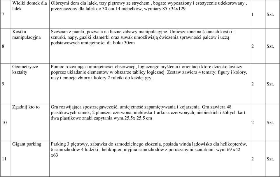 Umieszczone na ścianach kostki : sznurki, napy, guziki klamerki oraz suwak umożliwiają ćwiczenia sprawności palców i uczą podstawowych umiejętności dł.