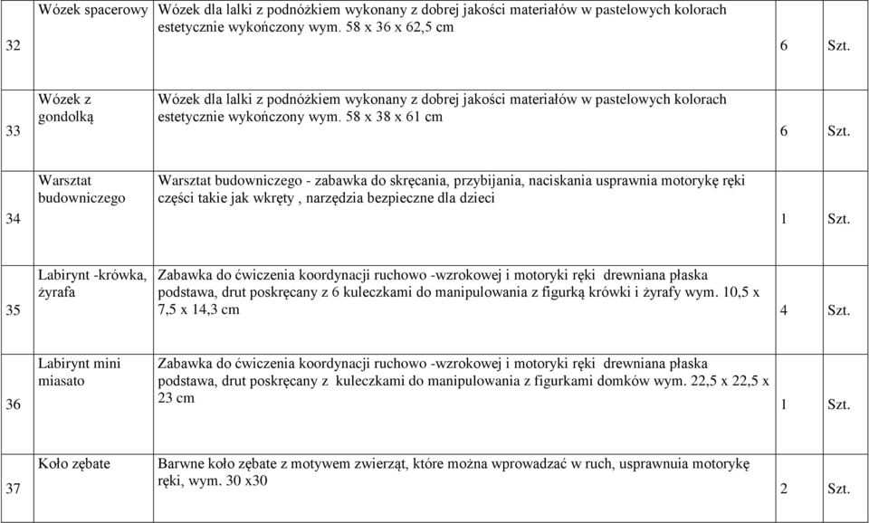 58 x 38 x 61 cm 34 Warsztat budowniczego Warsztat budowniczego - zabawka do skręcania, przybijania, naciskania usprawnia motorykę ręki części takie jak wkręty, narzędzia bezpieczne dla dzieci 35