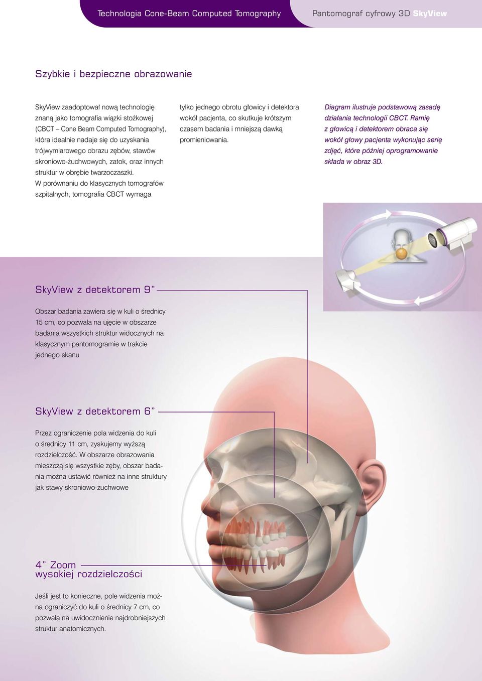 W porównaniu do klasycznych tomografów szpitalnych, tomografia CBCT wymaga tylko jednego obrotu g owicy i detektora wokó pacjenta, co skutkuje krótszym czasem badania i mniejszà dawkà promieniowania.