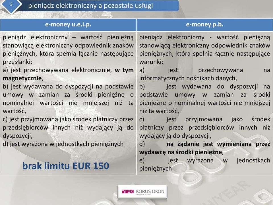 magnetycznie, b) jest wydawana do dyspozycji na podstawie umowy w zamian za środki pieniężne o nominalnej wartości nie mniejszej niż ta wartośd, c) jest przyjmowana jako środek płatniczy przez