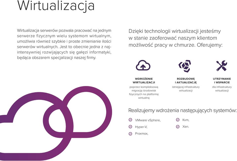 Dzięki technologii wirtualizacji jesteśmy w stanie zaoferować naszym klientom możliwość pracy w chmurze.