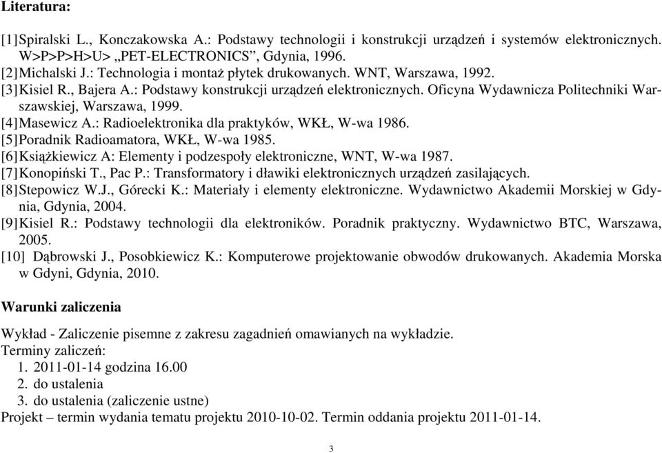 [4] Masewicz A.: Radioelektronika dla praktyków, WKŁ, W-wa 1986. [5] Poradnik Radioamatora, WKŁ, W-wa 1985. [6] Ksikiewicz A: Elementy i podzespoły elektroniczne, WNT, W-wa 1987. [7] Konopiski T.