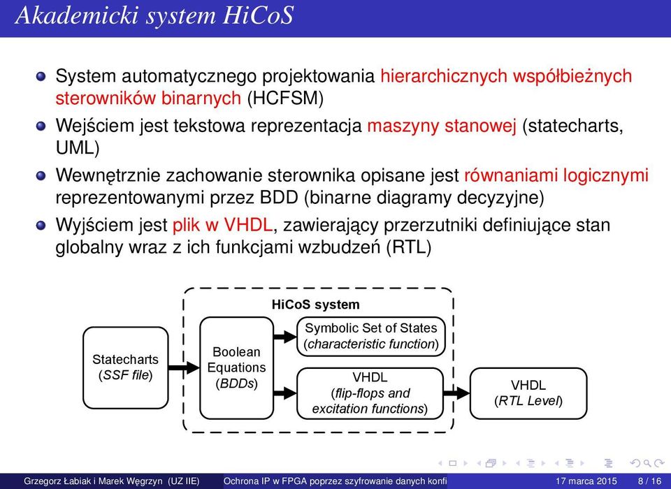 zawierajacy przerzutniki definiujace stan globalny wraz z ich funkcjami wzbudzeń (RTL) Statecharts (SSF file) Boolean Equations (BDDs) HiCoS system Symbolic Set of States