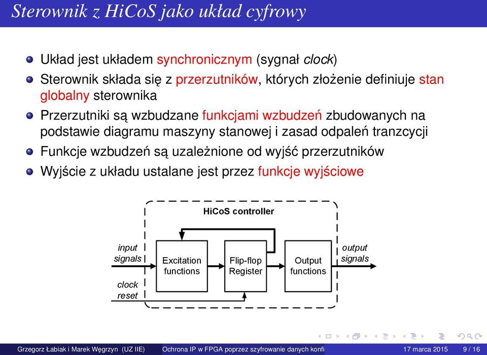 sa uzależnione od wyjść przerzutników Wyjście z układu ustalane jest przez funkcje wyjściowe HiCoS controller input signals clock reset Excitation functions