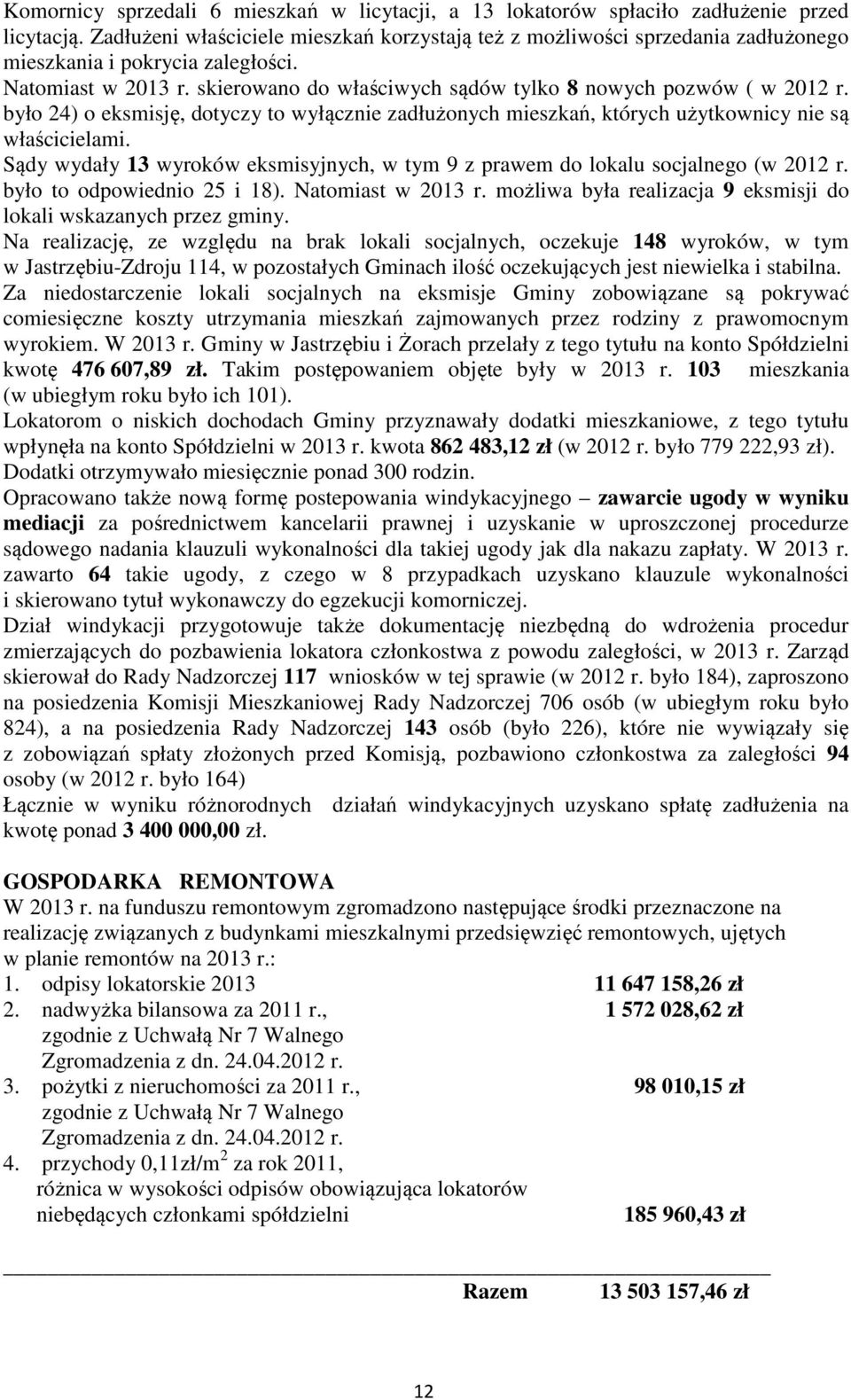 było 24) o eksmisję, dotyczy to wyłącznie zadłużonych mieszkań, których użytkownicy nie są właścicielami. Sądy wydały 13 wyroków eksmisyjnych, w tym 9 z prawem do lokalu socjalnego (w 2012 r.