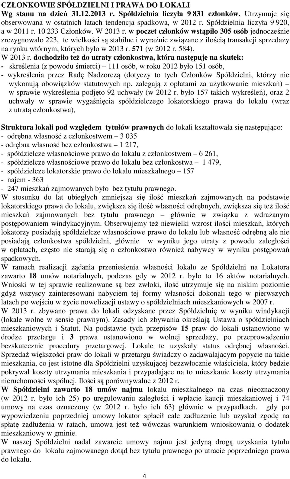 w poczet członków wstąpiło 305 osób jednocześnie zrezygnowało 223, te wielkości są stabilne i wyraźnie związane z ilością transakcji sprzedaży na rynku wtórnym, których było w 2013 r. 571 (w 2012 r.