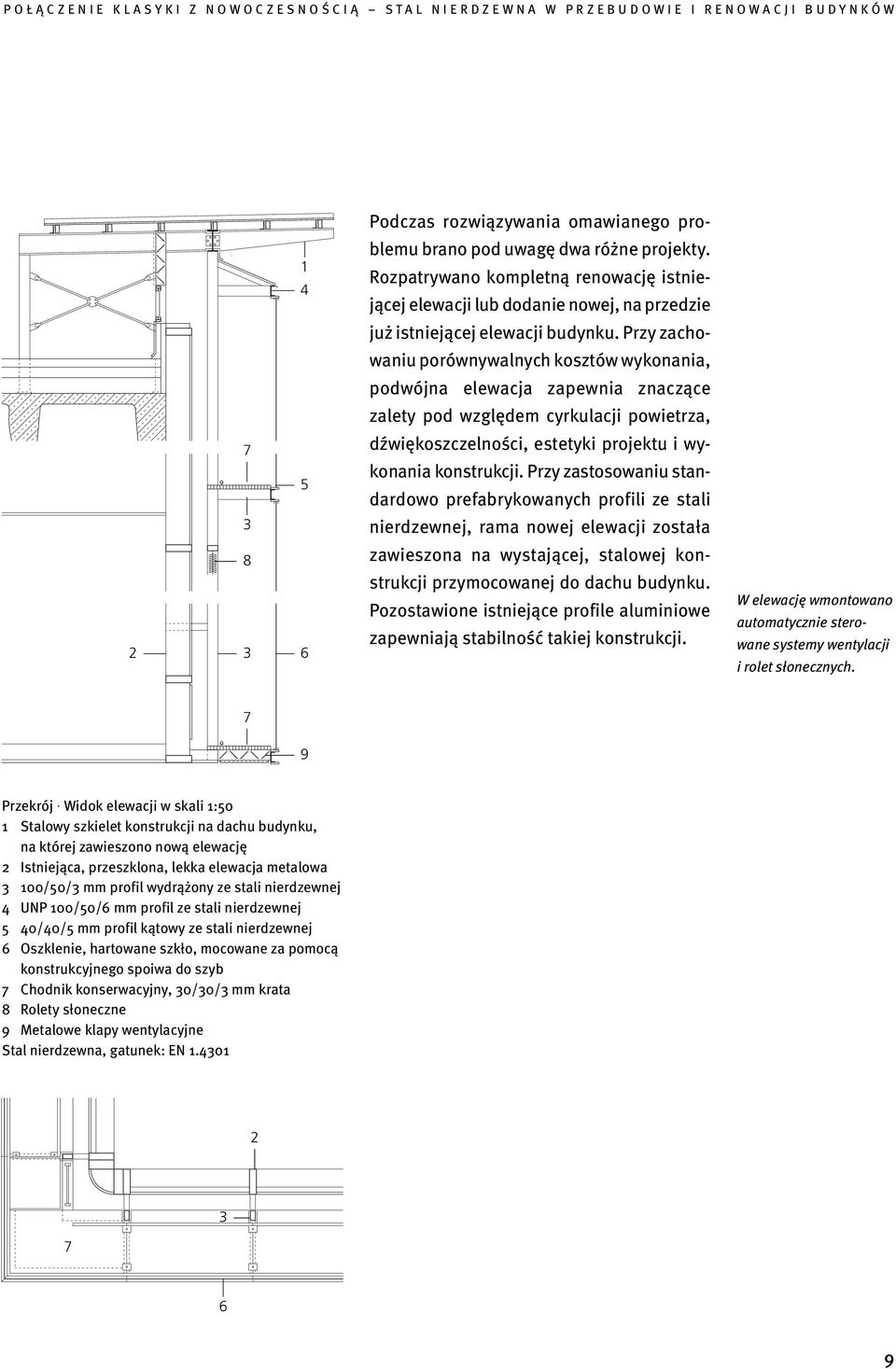 Przy zastosowaniu standardowo prefabrykowanych profili ze stali nierdzewnej, rama nowej elewacji została 8 6 zawieszona na wystającej, stalowej konstrukcji przymocowanej do dachu budynku.