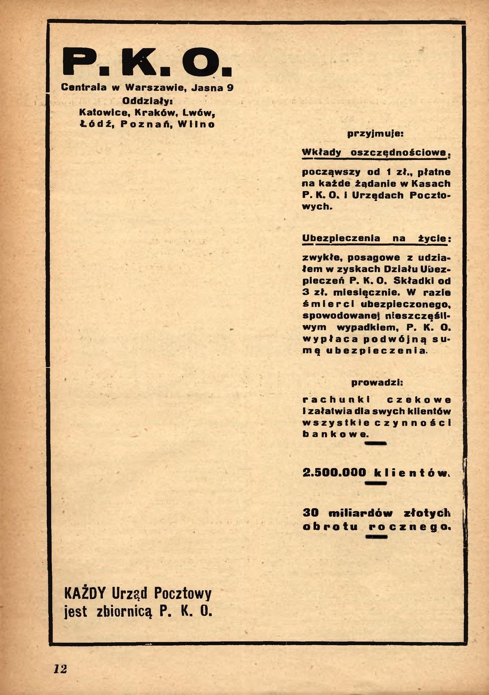 miesięcznie. W razie śmierci ubezpieczonego, spowodowane! n ieszczęśliwym wypadkiem, P. K. O. wypłaca podwójną sumę ubezpieczenia.