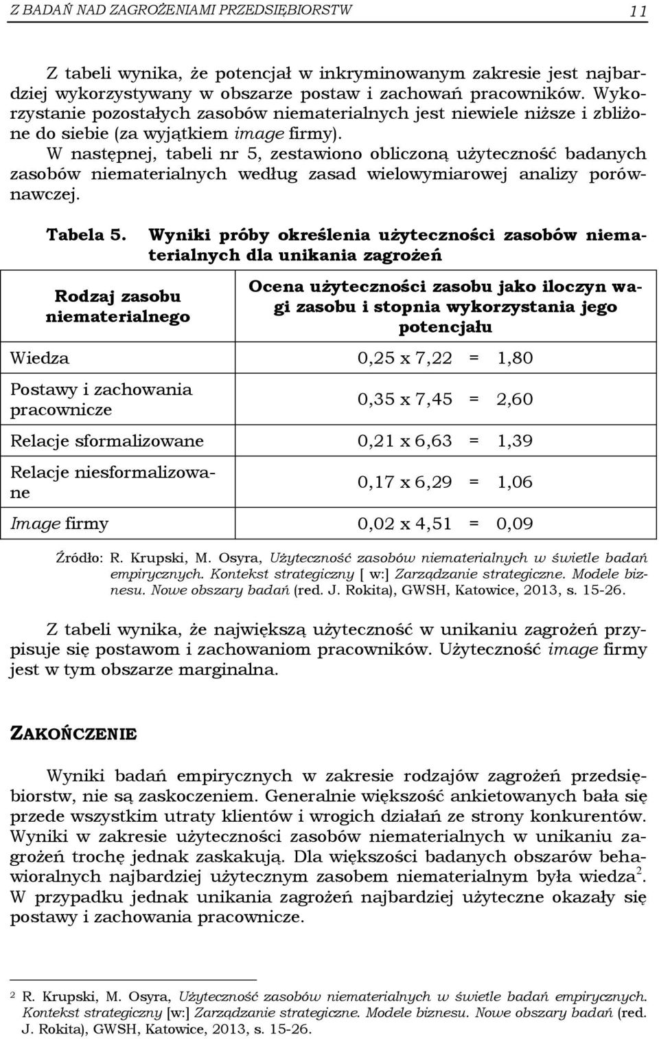 W następnej, tabeli nr 5, zestawiono obliczoną użyteczność badanych zasobów niematerialnych według zasad wielowymiarowej analizy porównawczej. Tabela 5.