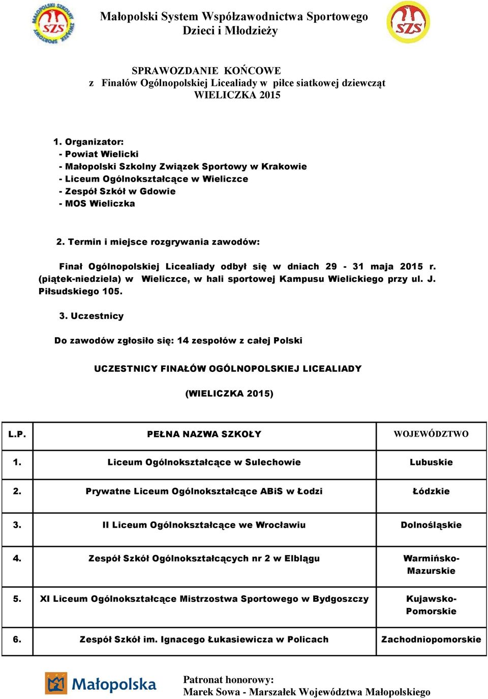 Termin i miejsce rozgrywania zawodów: Finał Ogólnopolskiej Licealiady odbył się w dniach 29-31 maja 2015 r. (piątek-niedziela) w Wieliczce, w hali sportowej Kampusu Wielickiego przy ul. J.