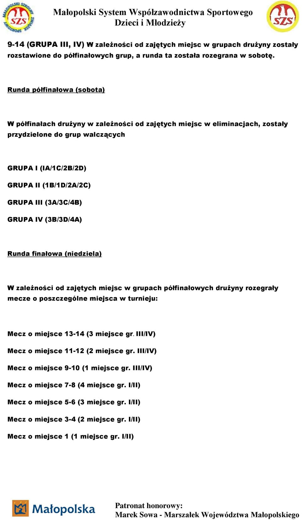 (3A/3C/4B) GRUPA IV (3B/3D/4A) Runda finałowa (niedziela) W zależności od zajętych miejsc w grupach półfinałowych drużyny rozegrały mecze o poszczególne miejsca w turnieju: Mecz o miejsce 13-14 (3