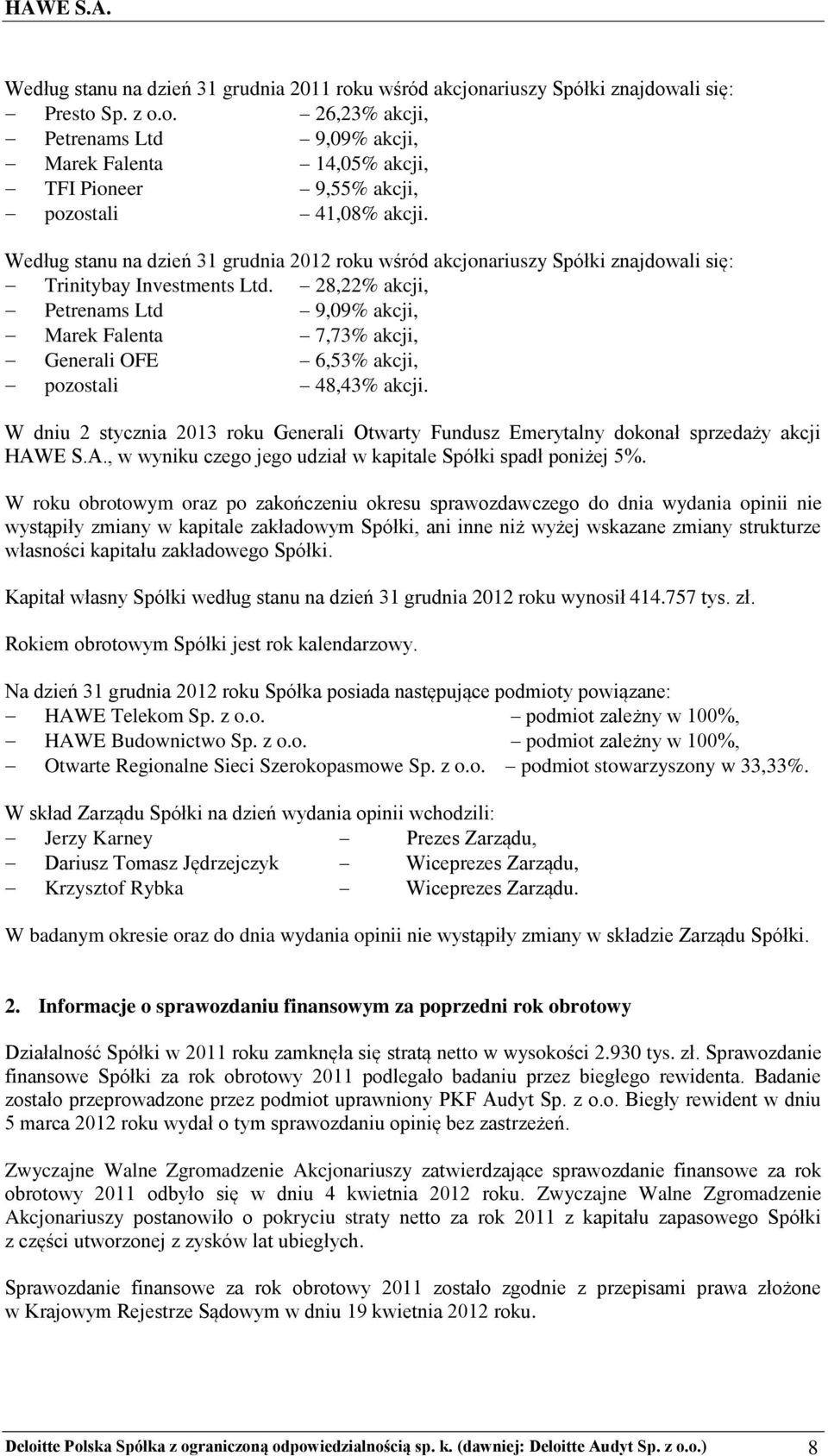 28,22% akcji, Petrenams Ltd 9,09% akcji, Marek Falenta 7,73% akcji, Generali OFE 6,53% akcji, pozostali 48,43% akcji.