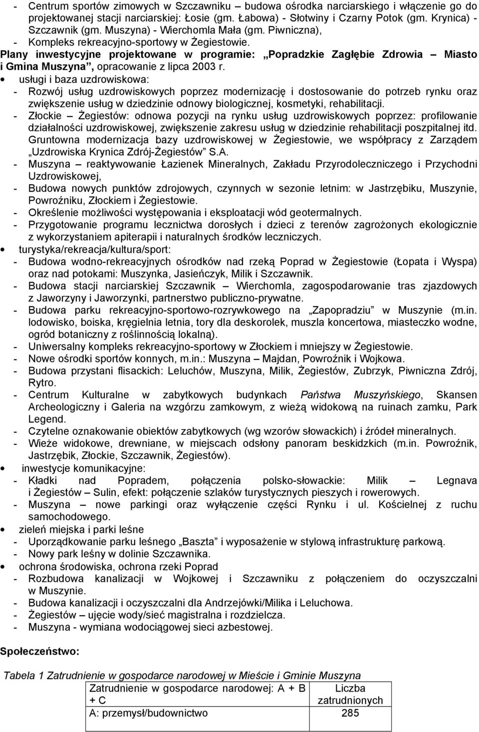 Plany inwestycyjne projektowane w programie: Popradzkie Zagłębie Zdrowia Miasto i Gmina Muszyna, opracowanie z lipca 2003 r.