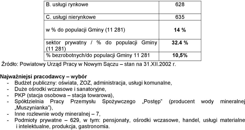 NajwaŜniejsi pracodawcy wybór - BudŜet publiczny: oświata, ZOZ, administracja, usługi komunalne, - DuŜe ośrodki wczasowe i sanatoryjne, - PKP (stacja osobowa stacja