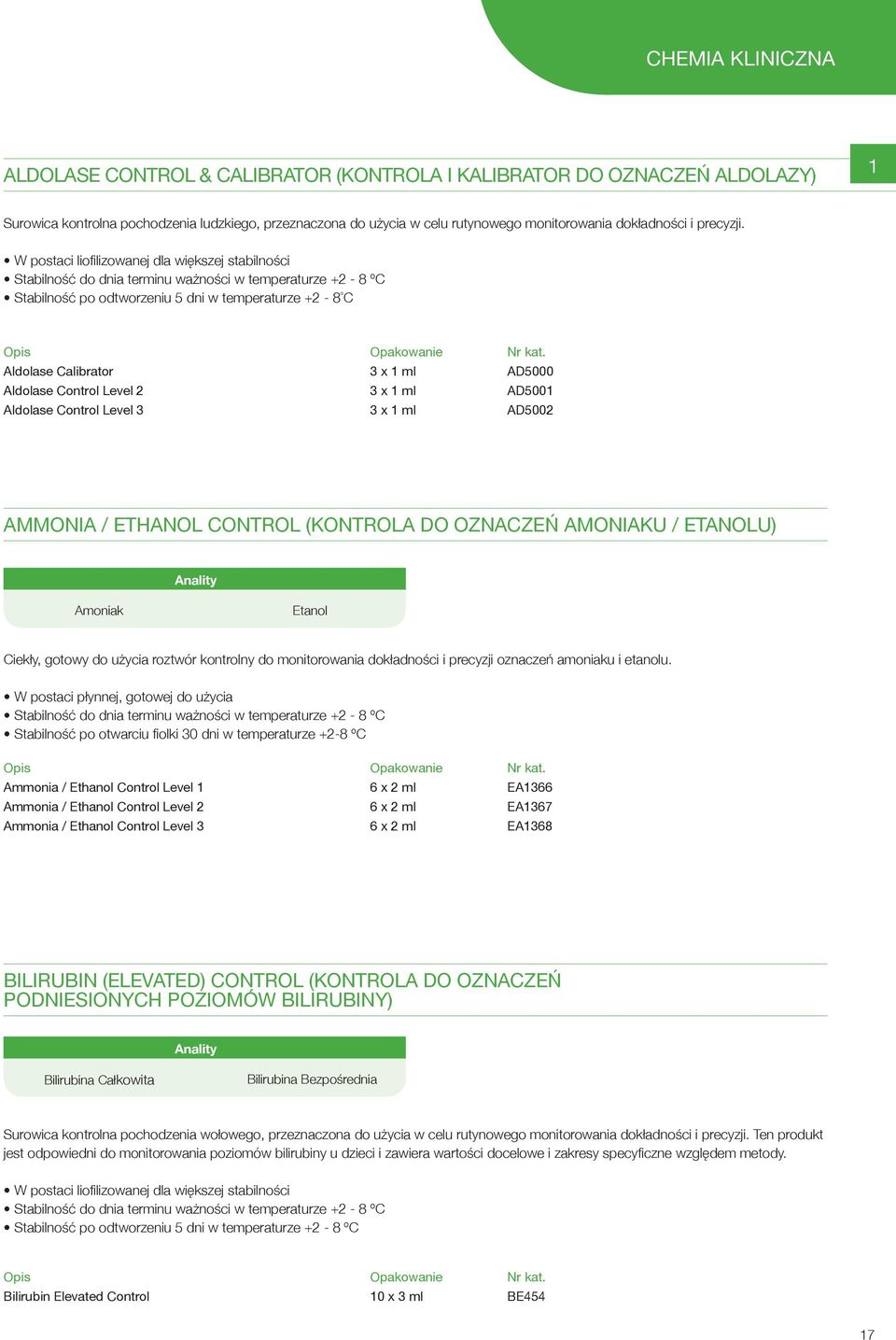 Stabilność do dnia terminu ważności w temperaturze +2-8 ºC Stabilność po odtworzeniu 5 dni w temperaturze +2-8 º C Aldolase Calibrator 3 1 ml AD5000 Aldolase Control Level 2 3 1 ml AD5001 Aldolase