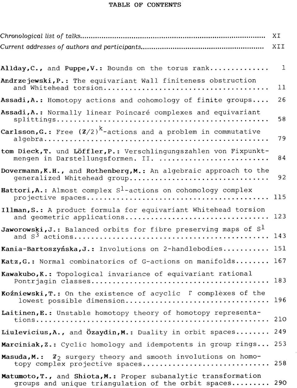 : Normally linear Poincar6 complexes and equivariant splittings... 58 Carlsson,G.: Free (Z/2)k-actions and a problem in commutative algebra... 79 tom Dieck,T. und L6ffler,P.