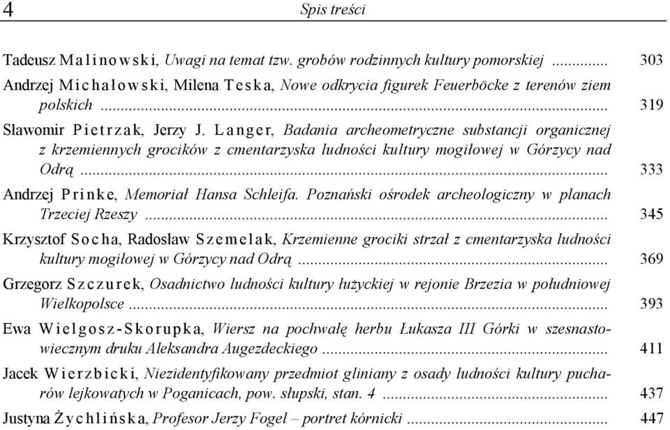 L a n g e r, Badania archeometryczne substancji organicznej z krzemiennych grocików z cmentarzyska ludności kultury mogiłowej w Górzycy nad Odrą... 333 Andrzej P r i n k e, Memoriał Hansa Schleifa.