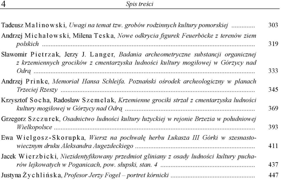 L a n g e r, Badania archeometryczne substancji organicznej z krzemiennych grocików z cmentarzyska ludności kultury mogiłowej w Górzycy nad Odrą... 333 Andrzej P r i n k e, Memoriał Hansa Schleifa.