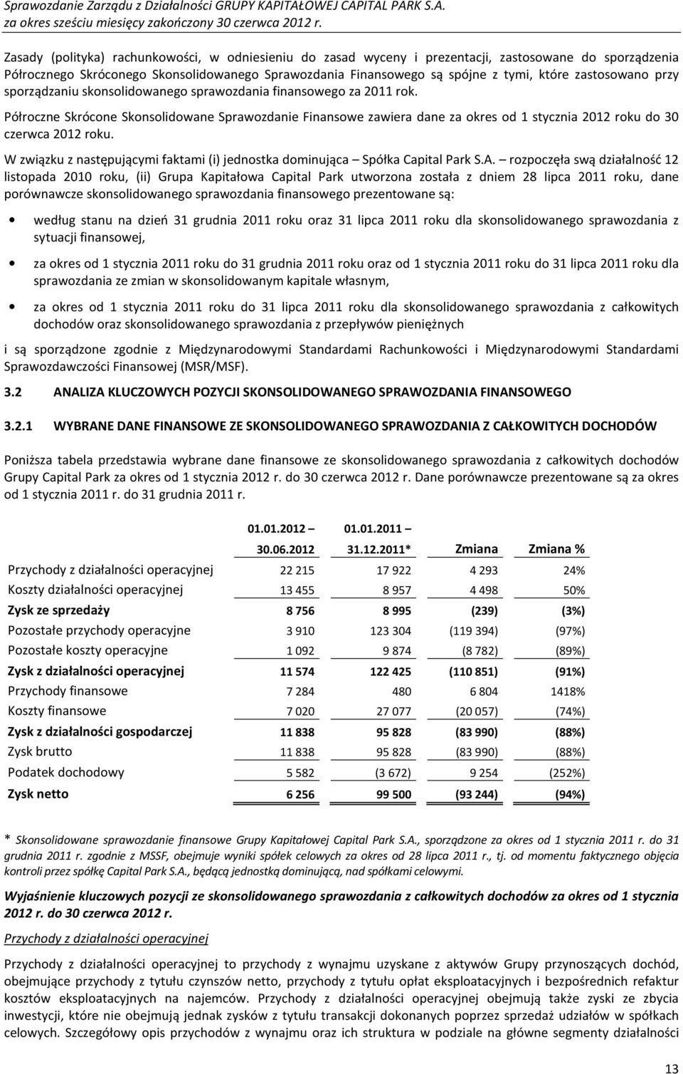 Półroczne Skrócone Skonsolidowane Sprawozdanie Finansowe zawiera dane za okres od 1 stycznia 2012 roku do 30 czerwca 2012 roku.