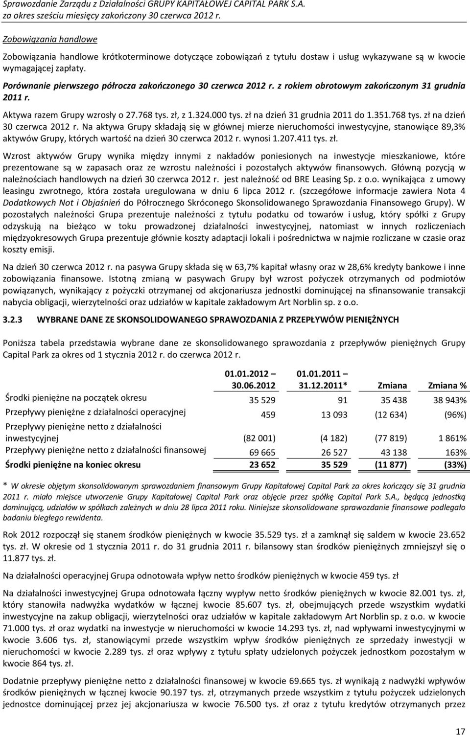 zł na dzień 31 grudnia 2011 do 1.351.768 tys. zł na dzień 30 czerwca 2012 r.