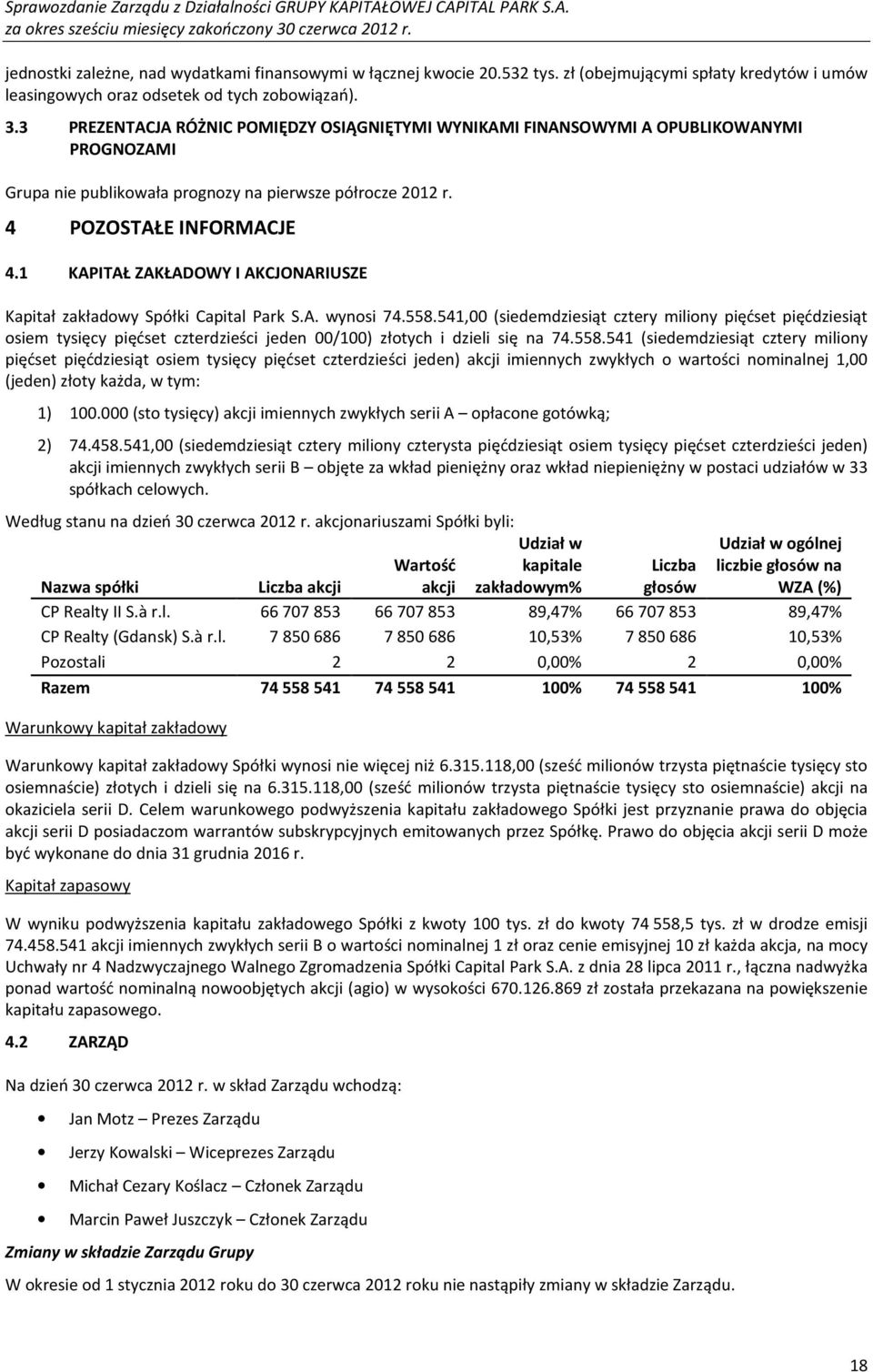 1 KAPITAŁ ZAKŁADOWY I AKCJONARIUSZE Kapitał zakładowy Spółki Capital Park S.A. wynosi 74.558.