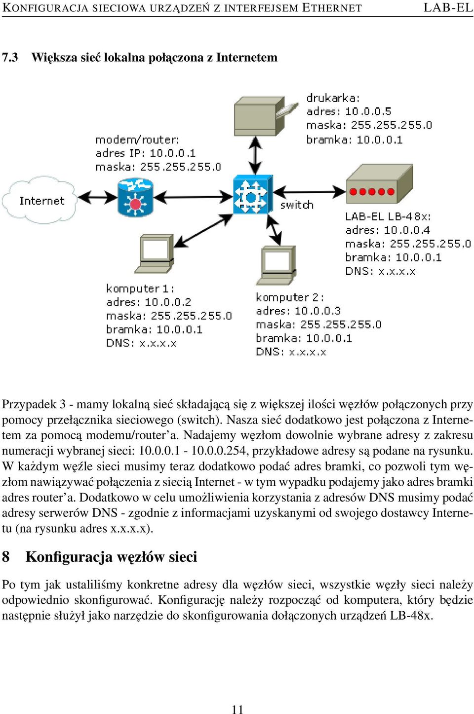 W każdym węźle sieci musimy teraz dodatkowo podać adres bramki, co pozwoli tym węzłom nawiązywać połączenia z siecią Internet - w tym wypadku podajemy jako adres bramki adres router a.