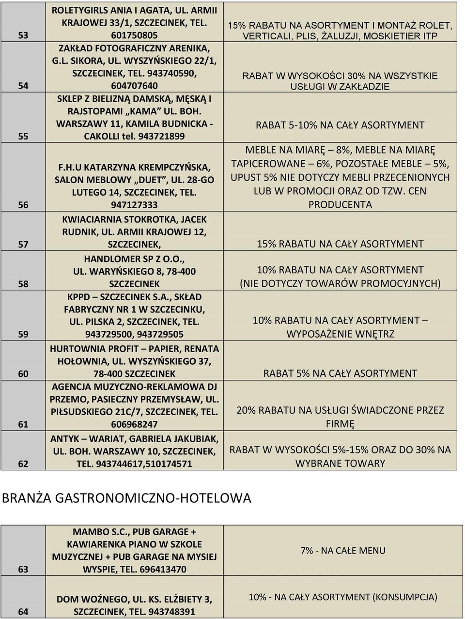 28-GO LUTEGO 14,, TEL. 947127333 KWIACIARNIA STOKROTKA, JACEK RUDNIK, UL. ARMII KRAJOWEJ 12,, HANDLOMER SP Z O.O., UL. WARYŃSKIEGO 8, 78-400 KPPD S.A., SKŁAD FABRYCZNY NR 1 W SZCZECINKU, UL.