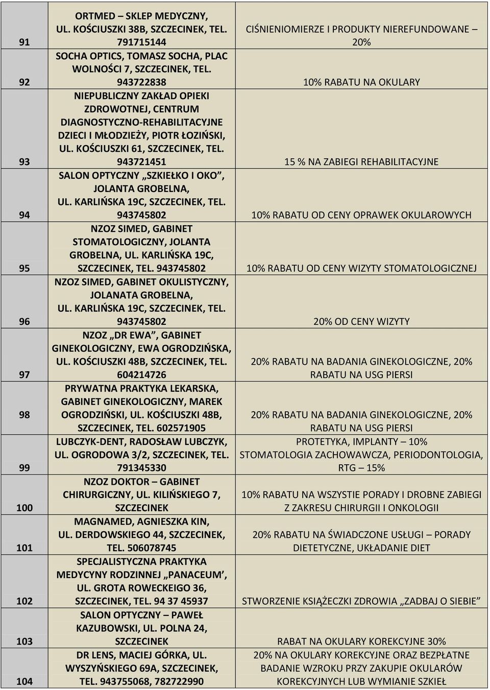 KOŚCIUSZKI 61,, TEL. 943721451 15 % NA ZABIEGI REHABILITACYJNE SALON OPTYCZNY SZKIEŁKO I OKO, JOLANTA GROBELNA, UL. KARLIŃSKA 19C,, TEL.