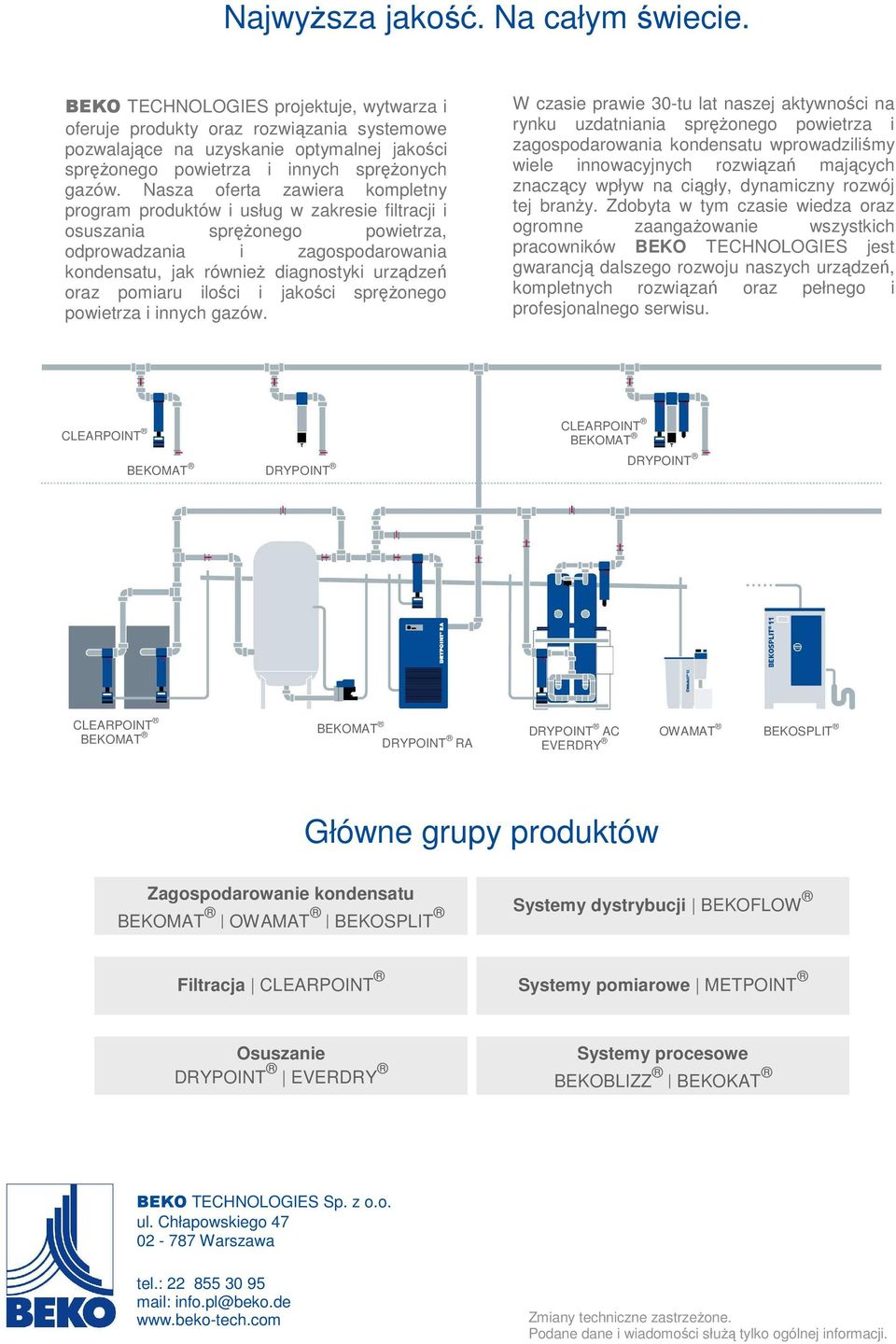 Nasza oferta zawiera kompletny program produktów i usług w zakresie filtracji i osuszania spręŝonego powietrza, odprowadzania i zagospodarowania kondensatu, jak równieŝ diagnostyki urządzeń oraz