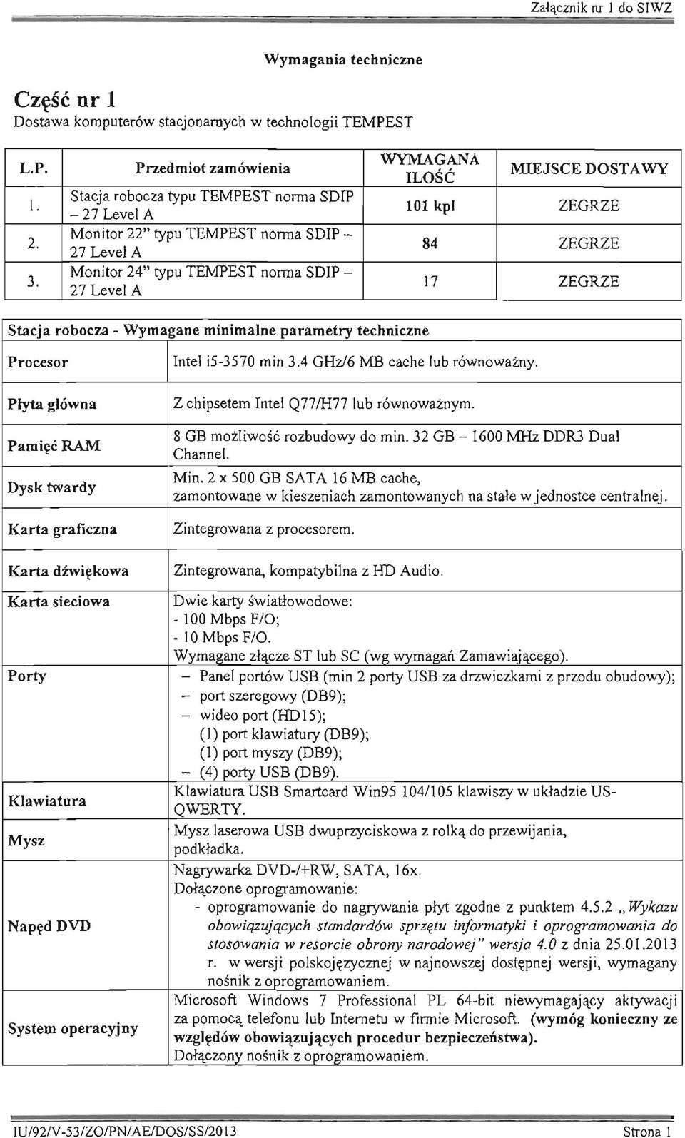 DOSTAWY 101 kpi ZEGRZE 84 ZEGRZE 17 ZEGRZE Stacja robocza - Wymagane minimalne parametry techniczne Procesor Intel i5-3570 min 3.4 GHzJ6 MB cache lub równoważny.