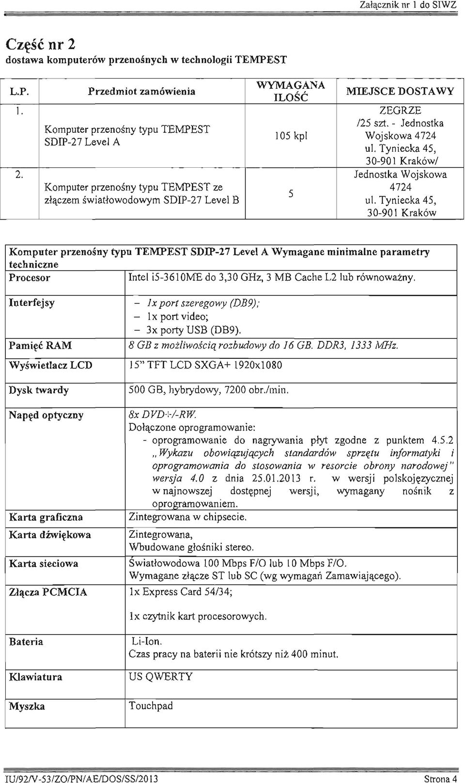 Jednostka Wojskowa Komputer przenośny typu TEMPEST ze 4724 5 złączem światłowodowym SDIP-27 Level B ul.