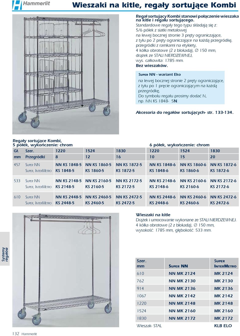 etykiety, 4 kółka obrotowe (2 z blokadą), 150 mm, drążek ze STALI NIERDZEWNEJ, wys. całkowita: 1785 mm. Bez wieszaków.