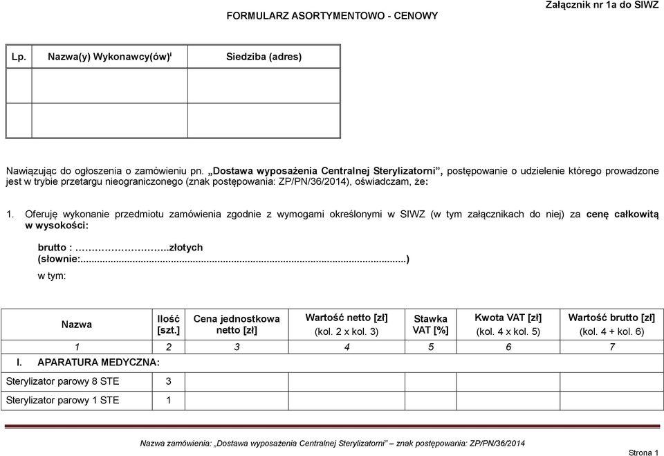 Oferuję wykonanie przedmiotu zamówienia zgodnie z wymogami określonymi w SIWZ (w tym załącznikach do niej) za cenę całkowitą w wysokości: brutto :..złotych (słownie:...) w tym: Nazwa Ilość [szt.