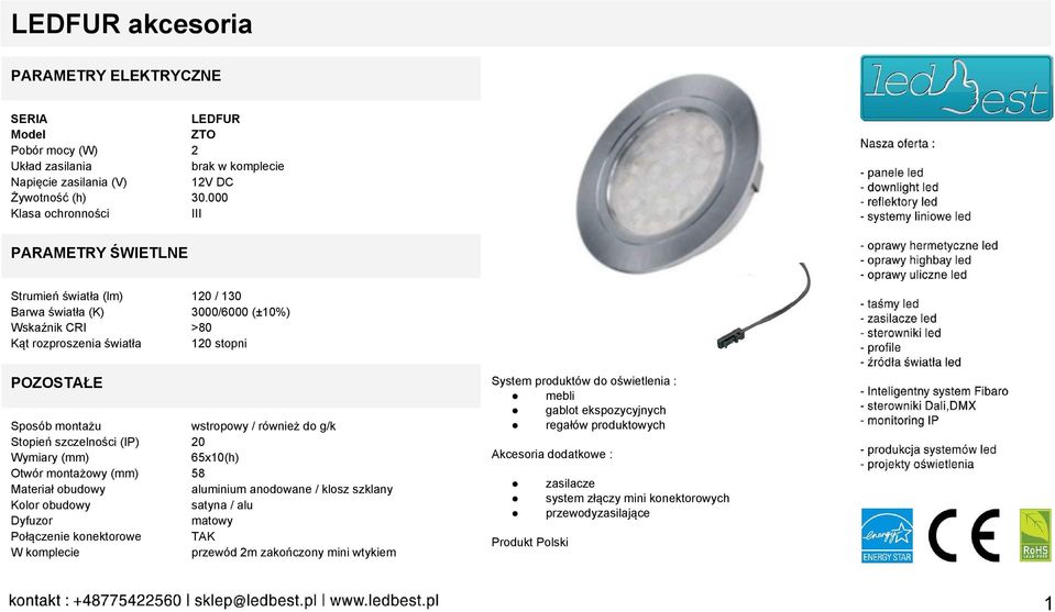 rozproszenia światła 1 / 130 3000/6000 (±10%) >80 1 stopni Otwór montażowy (mm) Dyfuzor W