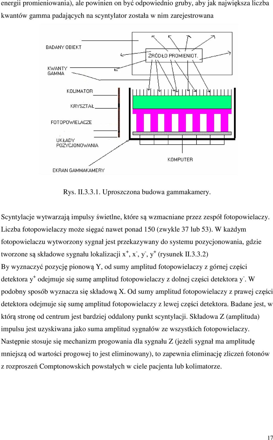 W każdym fotopowielaczu wytworzony sygnał jest przekazywany do systemu pozycjonowania, gdzie tworzone są składowe sygnału lokalizacji x +, x -, y -, y + (rysunek II.3.