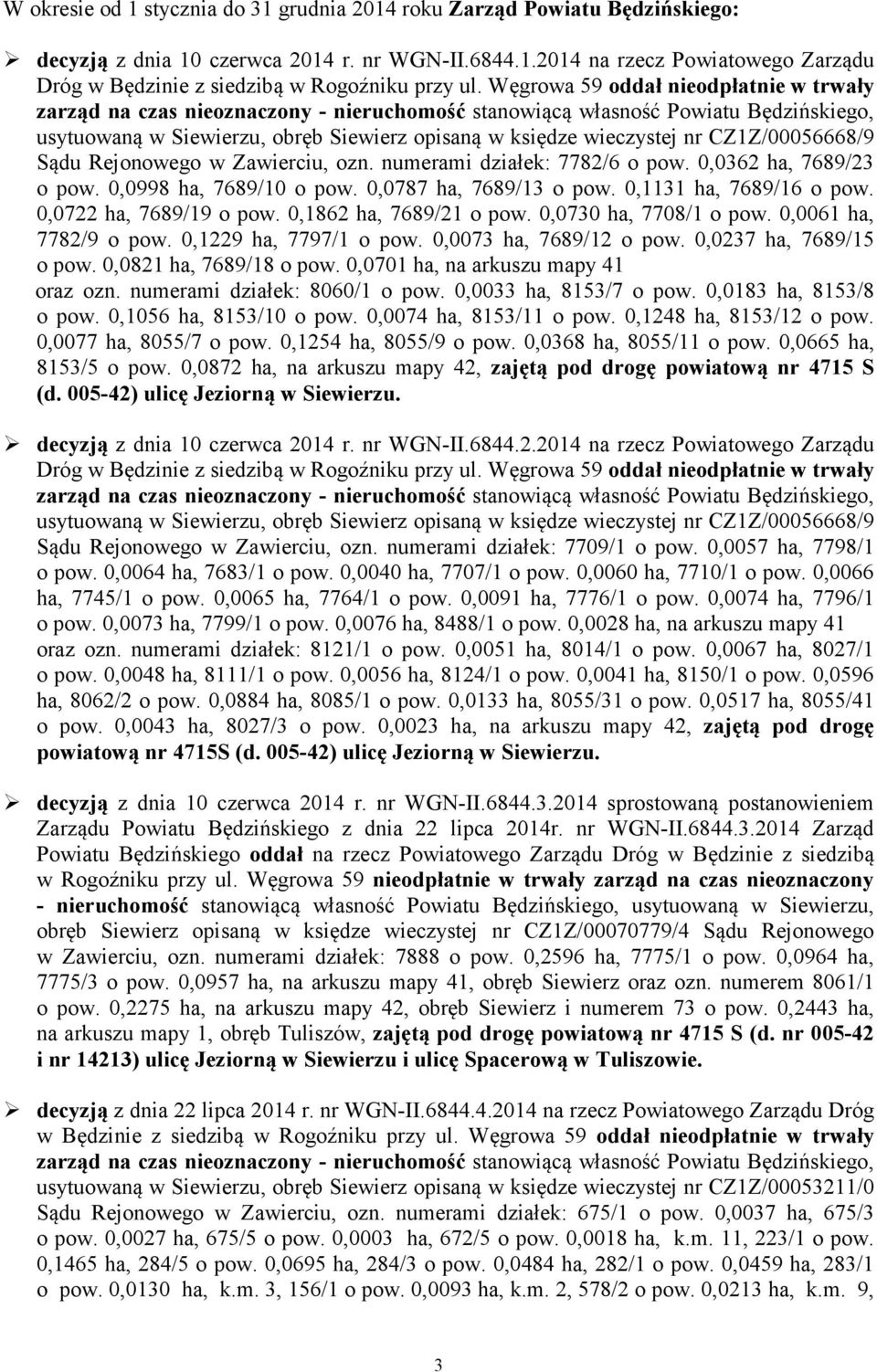 CZ1Z/00056668/9 Sądu Rejonowego w Zawierciu, ozn. numerami działek: 7782/6 o pow. 0,0362 ha, 7689/23 o pow. 0,0998 ha, 7689/10 o pow. 0,0787 ha, 7689/13 o pow. 0,1131 ha, 7689/16 o pow.