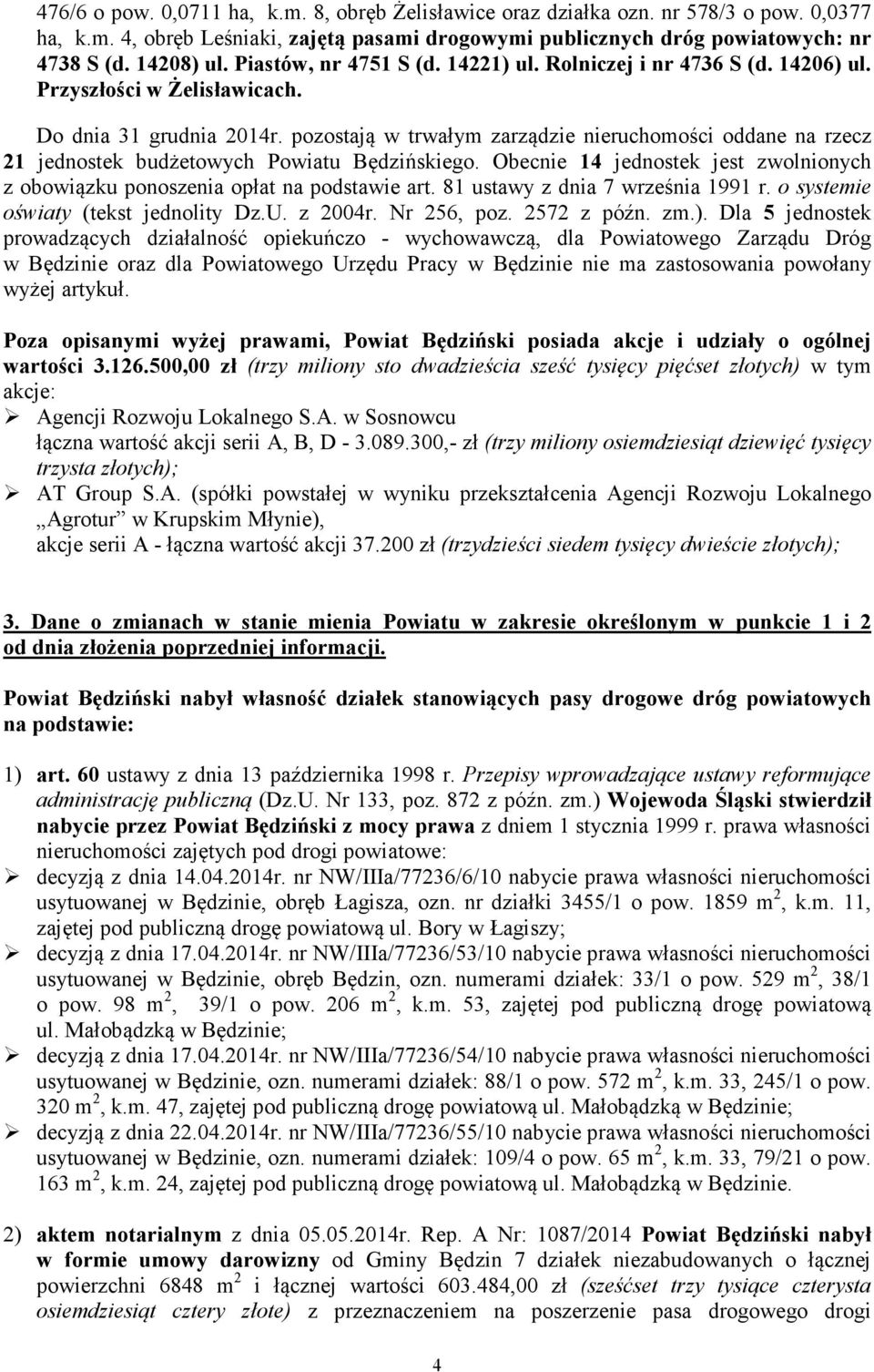 pozostają w trwałym zarządzie nieruchomości oddane na rzecz 21 jednostek budżetowych Powiatu Będzińskiego. Obecnie 14 jednostek jest zwolnionych z obowiązku ponoszenia opłat na podstawie art.